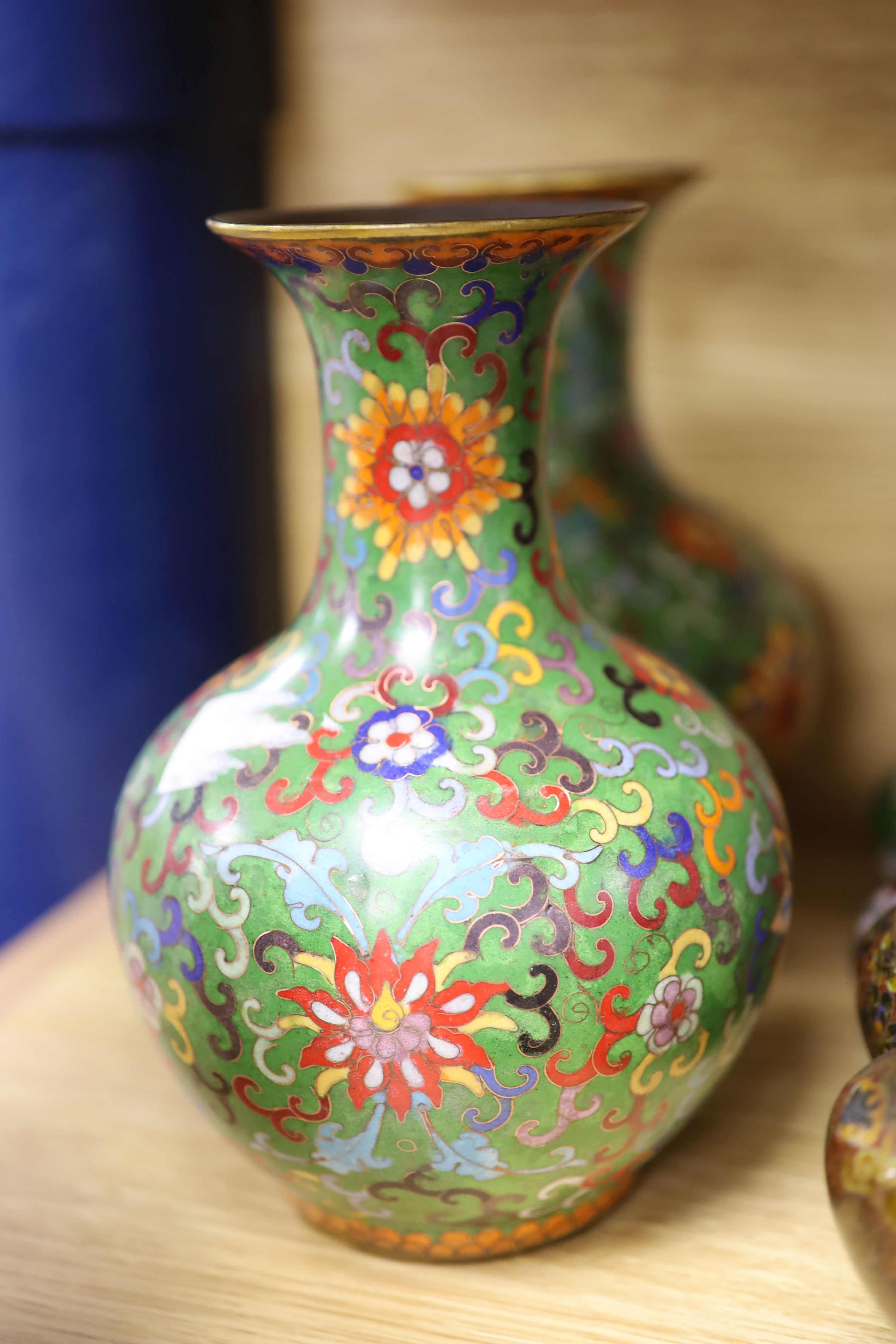 A large collection of cloisonne vases, pots, bowls etc, tallest 31cm